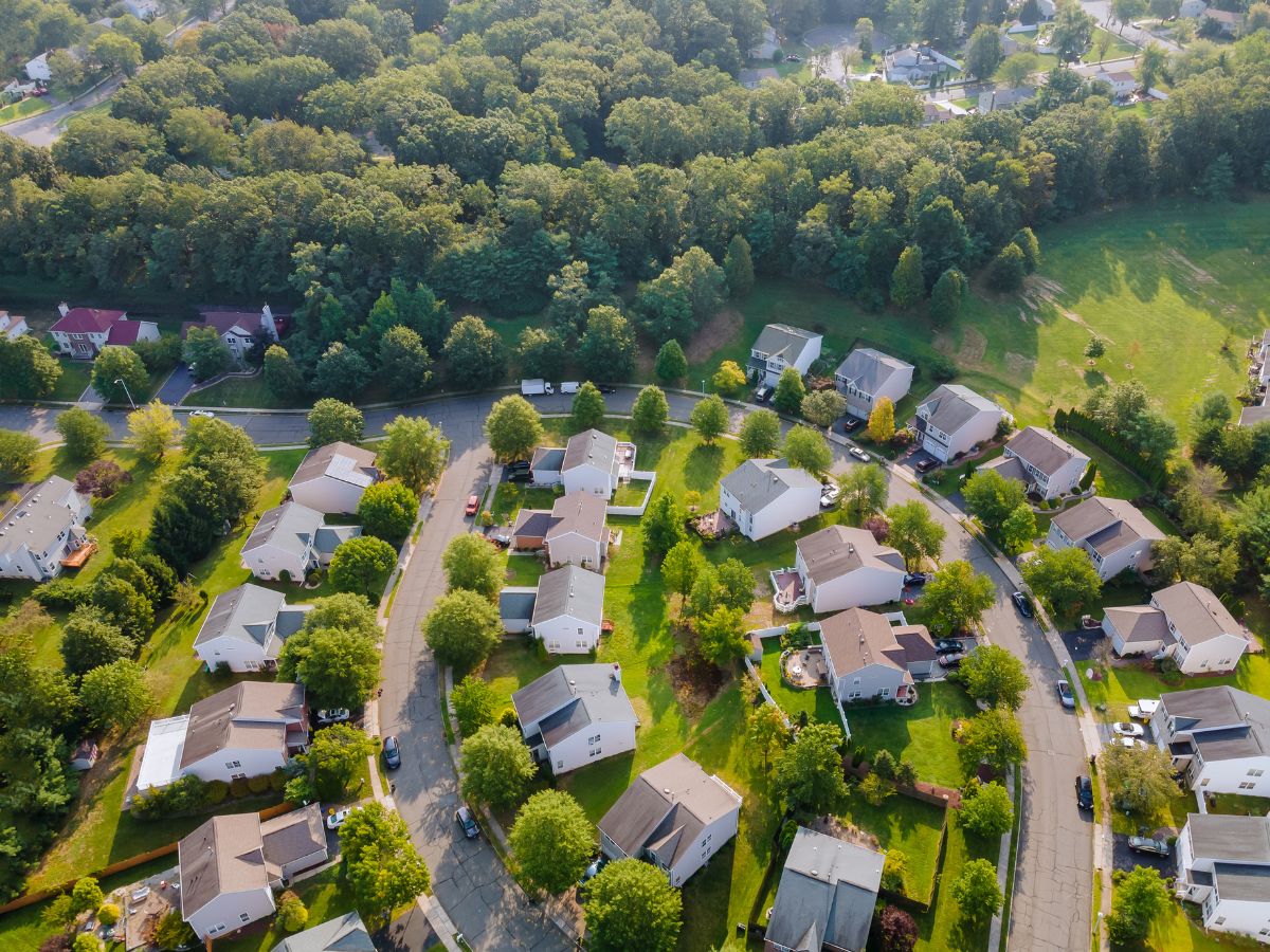 Suburban neighborhood aerial view in Lewis Center Ohio
